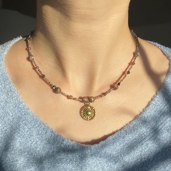 Leopard Skin Jasper Stone and Sun Charm Beaded Choker