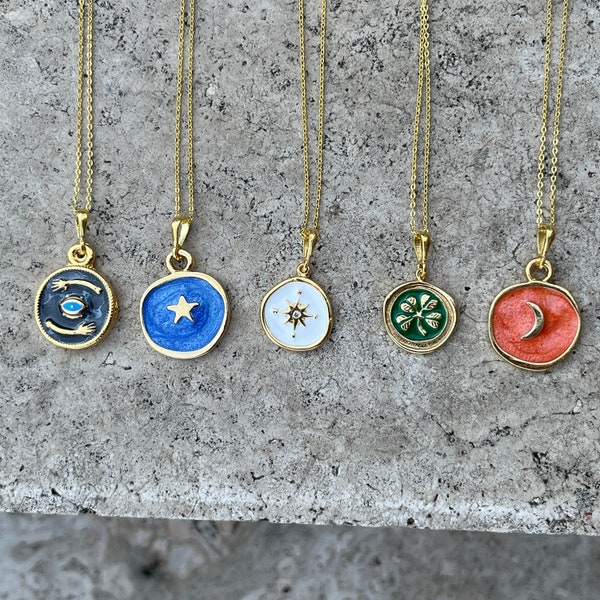 Dainty 925 Sterling Silver Chain, Gold Plated Colorful Enamel Pendant, Good Luck Charm Necklace, Moon Star Clover Charm Pendant