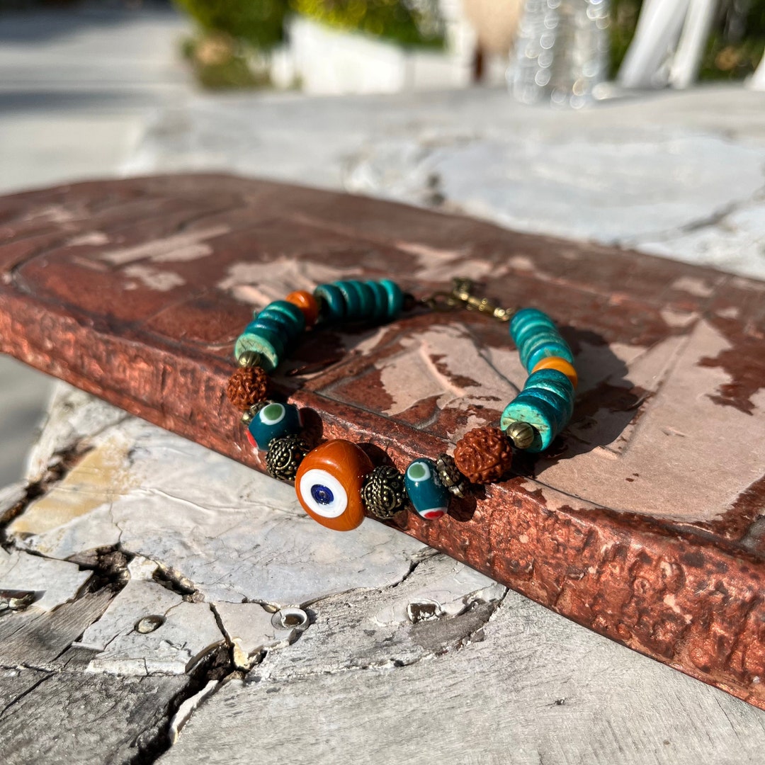 Ceramic Evil Eye Rudraksha Bracelet, Brass Green Beaded Bracelet