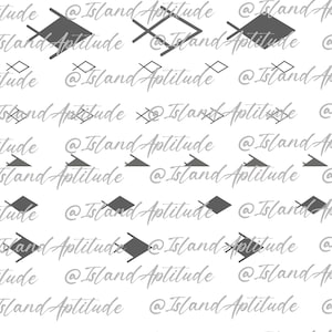 Może przedstawiać: Wzór bez szwów z powtarzającym się wzorem szarych figur geometrycznych, w tym diamentów, trójkątów i krzyży. Wzór jest umieszczony na białym tle. Tekst "@Island Aptitude" powtarza się w całym wzorze.