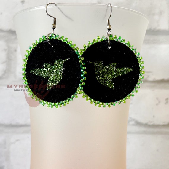Beaded Leather Earrings Green Hummingbird Design Indigenous Native