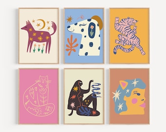 Retro Animal Print Set, Colorful Wall Art (Digital Download)