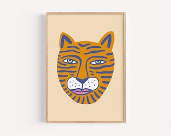Retro Tiger Art Print, Colorful Wall Decor (Digital Download)