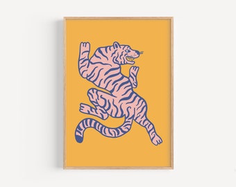 Retro Tiger Wall Art Print, Colorful Illustration (Digital Download)