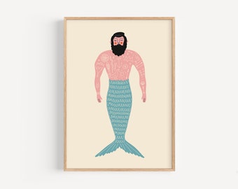 Retro Merman Print, Quirky Wall Art (Digital Download)