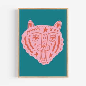 Retro Tiger Wall Art Print, Pink and Coral (Digital Download)