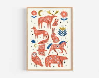 Folk Art Animals Illustration, Retro Nursery Decor (Digital Download)