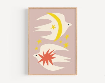 Retro Bird and Star Art Print, Home Decor (Digital Download)
