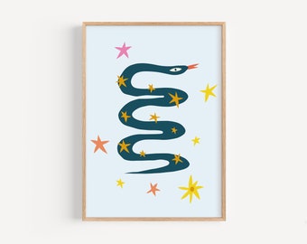 Retro Snake Wall Art, Starry Print (Digital Download)
