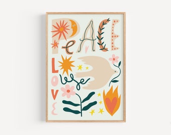 Peace Love Print, Retro Illustration Art (Digital Download)