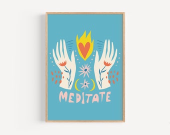 Meditate Hands Illustration, Retro Wall Art Print (Digital Download)