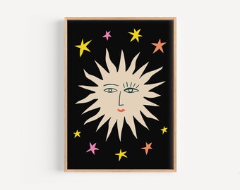 Impresión retro de rostro solar, ilustración de estrellas celestiales (descarga digital)