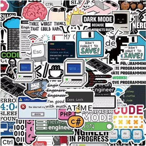 Peut inclure: Un ensemble d'autocollants color&eacute;s sur le th&egrave;me de la programmation informatique. Les autocollants pr&eacute;sentent des ordinateurs r&eacute;tro, des messages d'erreur et des phrases comme "Dark Mode" et "Didn't Forget to Save!" Id&eacute;al pour les ordinateurs portables, les cahiers ou les bouteilles d'eau.