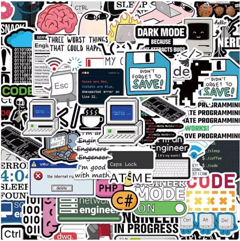 Peut inclure: Un ensemble d'autocollants color&eacute;s sur le th&egrave;me de la programmation informatique. Les autocollants pr&eacute;sentent des ordinateurs r&eacute;tro, des messages d'erreur et des phrases comme "Dark Mode" et "Didn't Forget to Save!" Id&eacute;al pour les ordinateurs portables, les cahiers ou les bouteilles d'eau.
