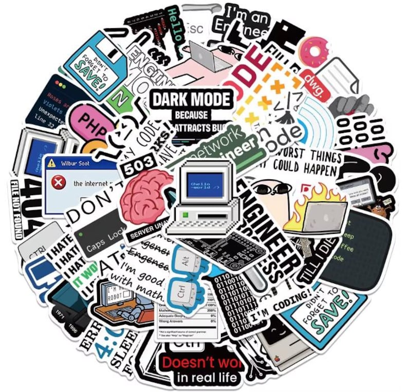 Peut inclure: Un ensemble d'autocollants color&eacute;s sur le th&egrave;me de la programmation informatique. Les autocollants pr&eacute;sentent des textes tels que "DARK MODE", "ENGINEER" et "I'M CODING!" ainsi que des graphiques li&eacute;s &agrave; l'informatique, des messages d'erreur et du code binaire.
