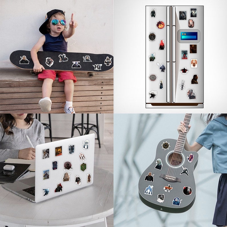 May include: A set of 30 black and white stickers featuring characters and scenes from the popular fantasy television series Game of Thrones. The stickers are shown on a skateboard, a laptop, a refrigerator, and a guitar.