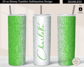 Green Glitter Border Tumbler PNG, Lime Green Faux Glitter 20oz Skinny Tumbler Design Sublimation Download, Seamless Tumbler Wrap Template