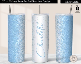 Light Blue Glitter Border Tumbler PNG, Sky Blue Faux Glitter 20oz Skinny Tumbler Design Sublimation Download, Seamless Tumbler Wrap Template