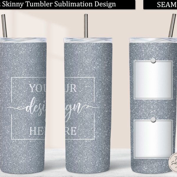 2 Photos Tumbler Wrap Gray Glitter, 20oz Skinny Tumbler Design Sublimation Download with 2 Pictures, Two Photo Tumbler PNG Seamless Template