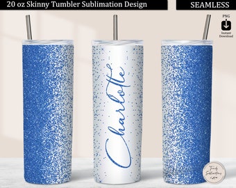 Blue Glitter Tumbler Wrap, Background Glitter 20 oz Skinny Tumbler Design Sublimation Download, Seamless Blue Glitter Border Tumbler PNG