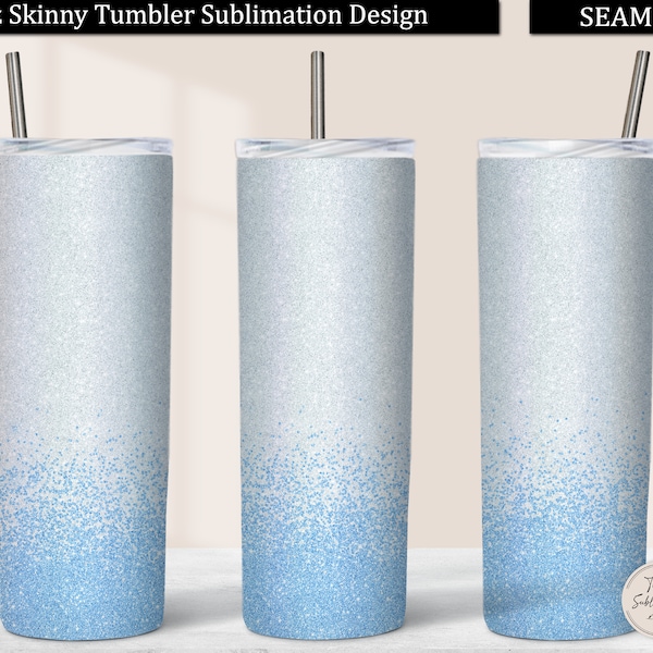 White Gray Light Blue Glitter Border Tumbler PNG, Blue Gray Glitter 20 oz Skinny Tumbler Design Sublimation Download, Seamless Tumbler Wrap