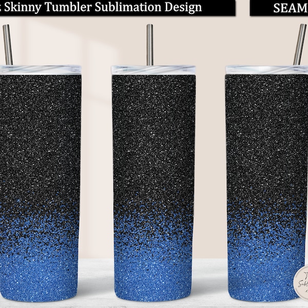 Black and Blue Glitter Border Tumbler PNG, Blue to Black Glitter 20 oz Skinny Tumbler Design Sublimation Download, Seamless Tumbler Wrap PNG