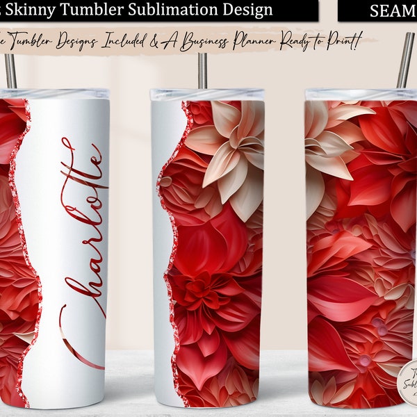 3D Red Flowers Tumbler Wrap, Red Floral 20 oz Skinny Tumbler Design Sublimation Download, Red and Ivory 3D Flowers Tumbler PNG Background