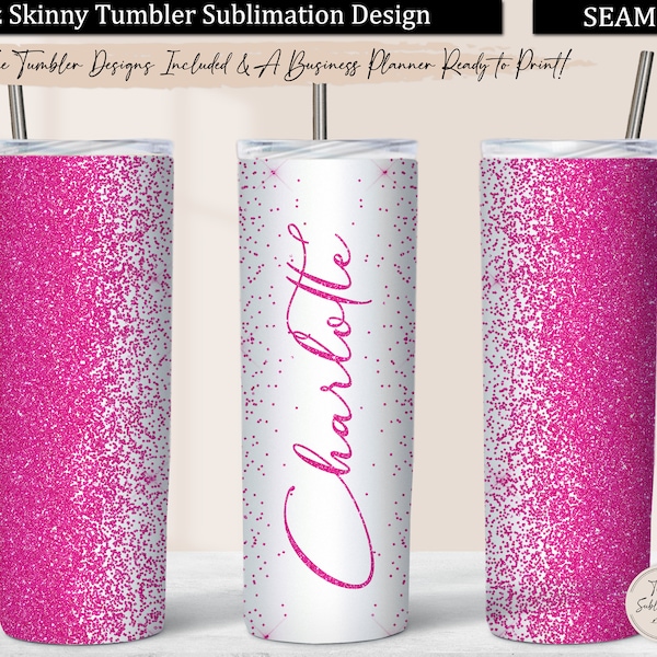 Hot Pink Glitter Border Tumbler PNG, Pink Glitter 20 oz Skinny Tumbler Design Sublimation Download, Seamless Tumbler Wrap Fuscia Background