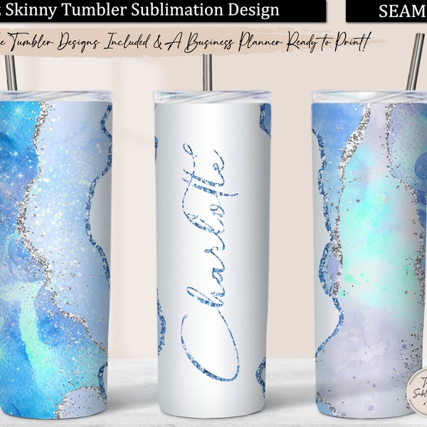 Sky Blue Agate Tumbler PNG, Light Blue Silver Glitter 20oz Skinny Tumbler Design Sublimation Download, Seamless Tumbler Wrap PNG Background