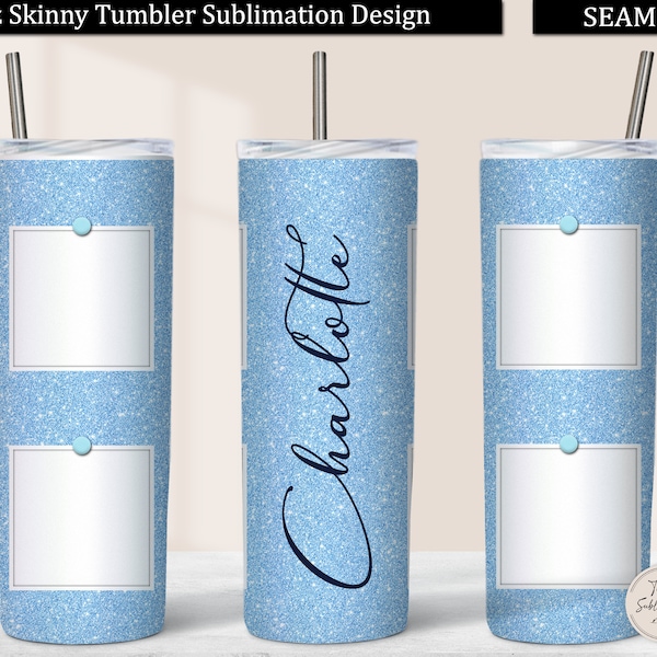 Photo Glitter Tumbler PNG, Light Blue Glitter 20 oz Skinny Tumbler Design Sublimation Download with 4 Pictures, Baby Blue Photo Tumbler Wrap