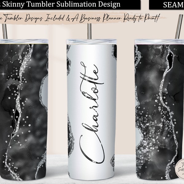 Black Gray Glitter Agate Tumbler PNG, 20oz Skinny Tumbler Design Sublimation Download, Black Agate Tumbler Wrap Background Seamless Template