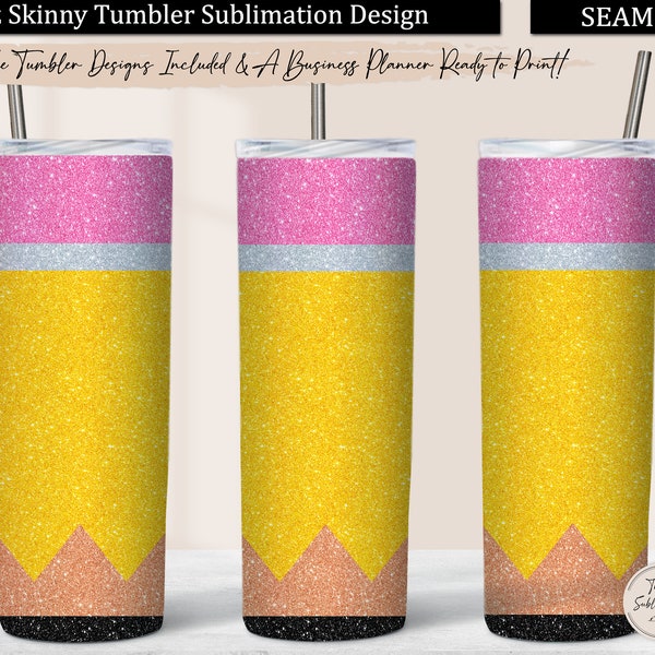 Glitter Pencil Tumbler PNG, Teacher 20 oz Skinny Tumbler design Sublimation, School Seamless Tumbler Wrap, Straight Tapered Digital Download