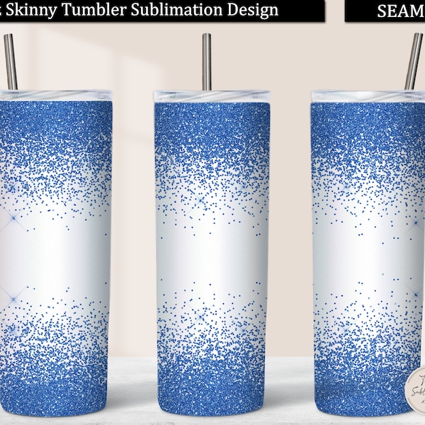 Blue Glitter Border Tumbler PNG, Seamless Border Glitter 20 oz Skinny Tumbler Design Sublimation Download, Background Tumbler Wrap Template