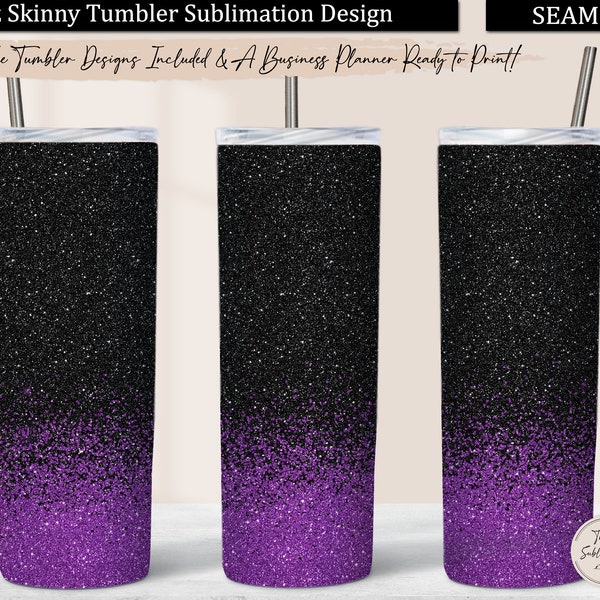 Purple and Black Glitter Tumbler PNG, Black & Violet Glitter Border 20oz Skinny Tumbler Design Sublimation Download, Background Tumbler Wrap