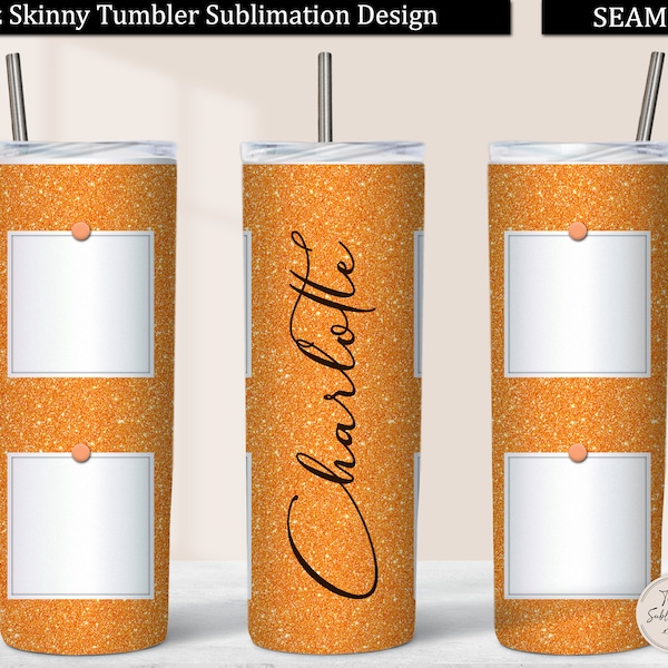 Photo Tumbler Wrap, Orange Glitter 20 oz Skinny Tumbler Design Sublimation Download with 4 Pictures, Straight & Tapered Photo Tumbler PNG