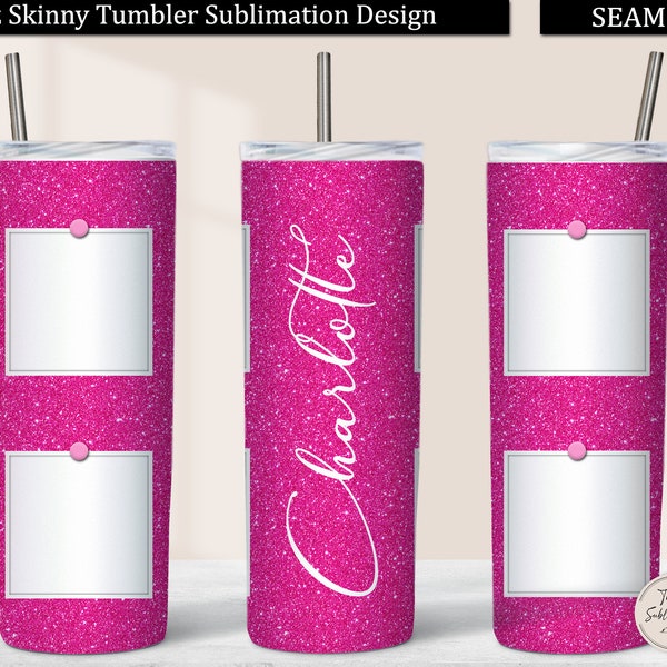 Hot Pink Glitter Photo Tumbler PNG, 20 oz Skinny Tumbler Design Sublimation Download with 4 Pictures, Hot Pink Photo Tumbler Wrap Seamless
