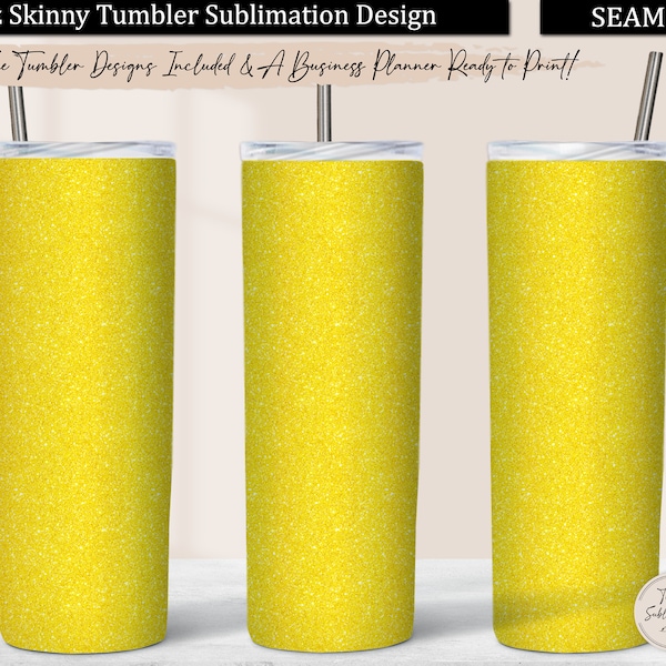 Yellow Glitter Tumbler Wrap, Bright Yellow 20 oz Skinny Tumbler Design Sublimation Download, Lemon Yellow Glitter Tumbler PNG Wrap Seamless