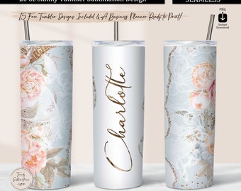 Boho Tumbler Wrap, Add Name Boho Floral Tumbler PNG Seamless Sublimation, Bohemian Flowers Feathers 20 oz Skinny Tumbler Design Background