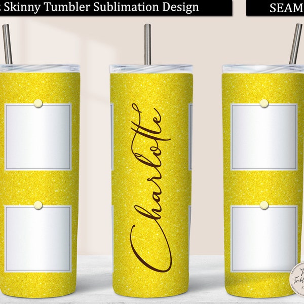Yellow Photo Tumbler PNG, Yellow Glitter 20 oz Skinny Tumbler Design Sublimation Download 4 Pictures, Photo Collage Tumbler Wrap Seamless