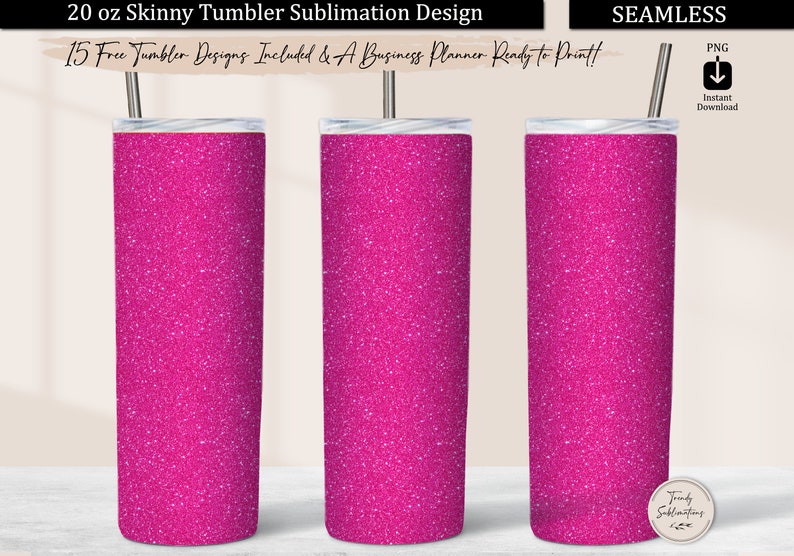 Hot Pink Glitter Tumbler Wrap, 20 oz Skinny Tumbler Design Sublimation Download, Pink Glitter Tumbler PNG Seamless Template Straight Tapered image 1