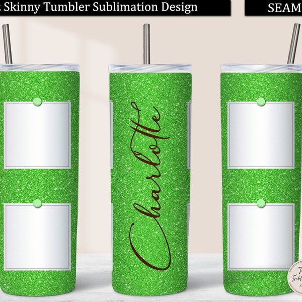 Green Glitter 4 Photo Tumbler Wrap, 20 oz Skinny Tumbler Design Sublimation Download with 4 Pictures, Green Glitter Four Photos Tumbler PNG