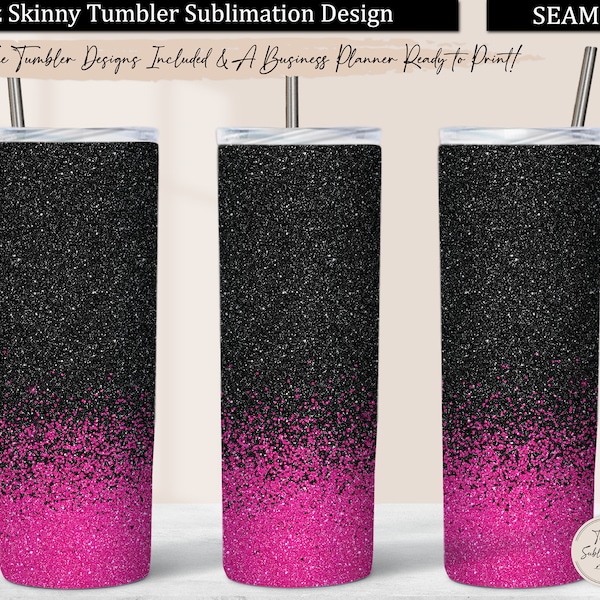 Hot Pink Glitter Border Tumbler PNG, Black and Pink Glitter 20 oz Skinny Tumbler Design Sublimation, Pink and Black Tumbler Wrap Background