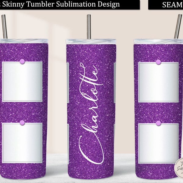 Violet Glitter Photo Tumbler Wrap, 20 oz Skinny Tumbler Design Sublimation Download with Four Pictures, 4 Photos Tumbler PNG Seamless Purple