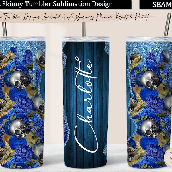 Floral Skull Tumbler Wrap, Royal Blue Flower Skull 20 ozSkinny Tumbler Design Sublimation Download, Drip Glitter Gothic Tumbler PNG Seamless