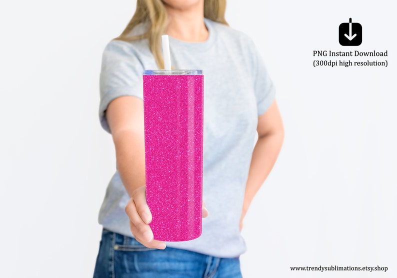 Hot Pink Glitter Tumbler Wrap, 20 oz Skinny Tumbler Design Sublimation Download, Pink Glitter Tumbler PNG Seamless Template Straight Tapered image 6