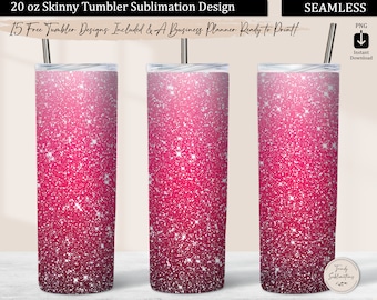 Hot Pink Glitter Ombre Tumbler Wrap, 20 oz Skinny Tumbler Seamless Design Sublimation Download, Pink Glitter Gradient Tumbler PNG Sparkling