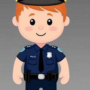 May include: A cartoon illustration of a police officer wearing a blue uniform with a badge, a black tie, and a blue hat with a silver badge. The officer has red hair and a smiling face.