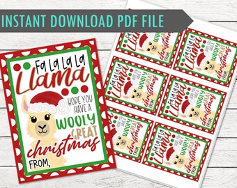 May include: Christmas-themed printable gift tags featuring a llama wearing a Santa hat. The tags have a red and green border with the text "Fa La La La Llama" and "Hope you have a wooly great Christmas."