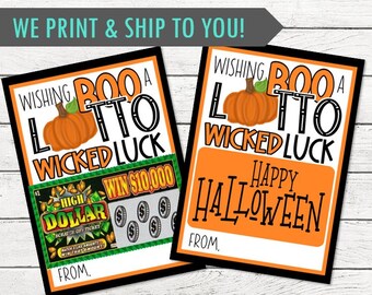 May include: Two Halloween-themed greeting cards with black borders. One card features a pumpkin illustration and the text "Wishing Boo a Lotto Wicked Luck" with a scratch-off ticket. The other card says "Happy Halloween".
