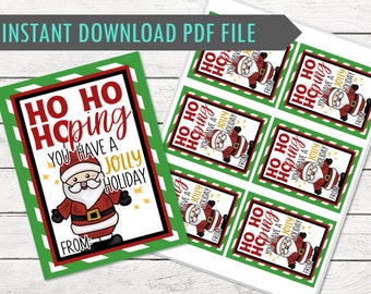 Könnte beinhalten: Weihnachtliche Geschenkanhänger mit einer Illustration des Weihnachtsmanns. Die Anhänger zeigen den Text "Ho Ho Hoping You Have a Jolly Holiday" in Rot und Weiß auf einem grün-weiß gestreiften Hintergrund. Das Wort "Von:" ist ebenfalls enthalten.